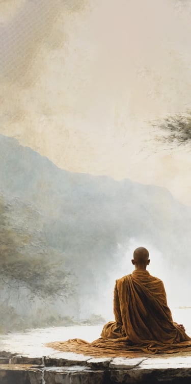 Person standing calmly with coffee in hand at sunrise, symbolizing clarity and focus.